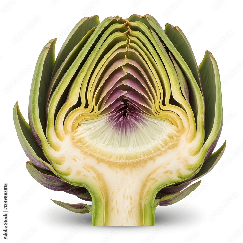 Obraz premium Half-cut artichoke showing the inner heart and layered leaves isolated on white