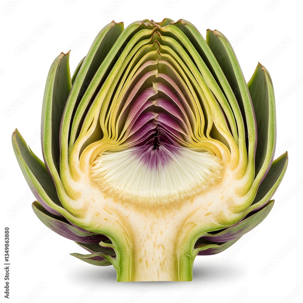 Obraz premium Half-cut artichoke showing the inner heart and layered leaves isolated on white