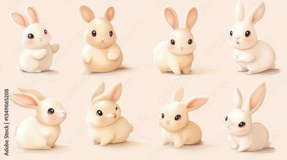 Obraz premium Group pf adorable white cartoon rabbits stand side by side, radiating joy with their big, happy smiles on a clean pastel background 