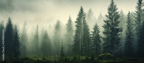 Misty fir forest with foggy mountains and trees with beautiful hipster vintage landscape. AI generated image