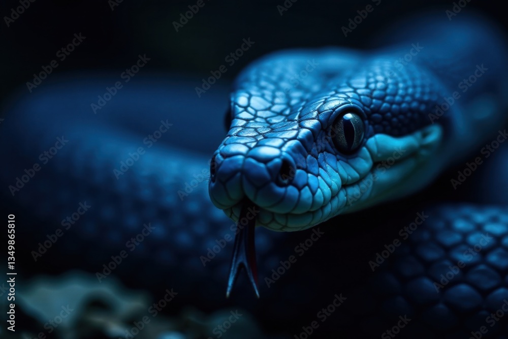 Fototapeta premium Blue viper snake face in dark background with sharp eyes and forked tongue out, closeup, reptile