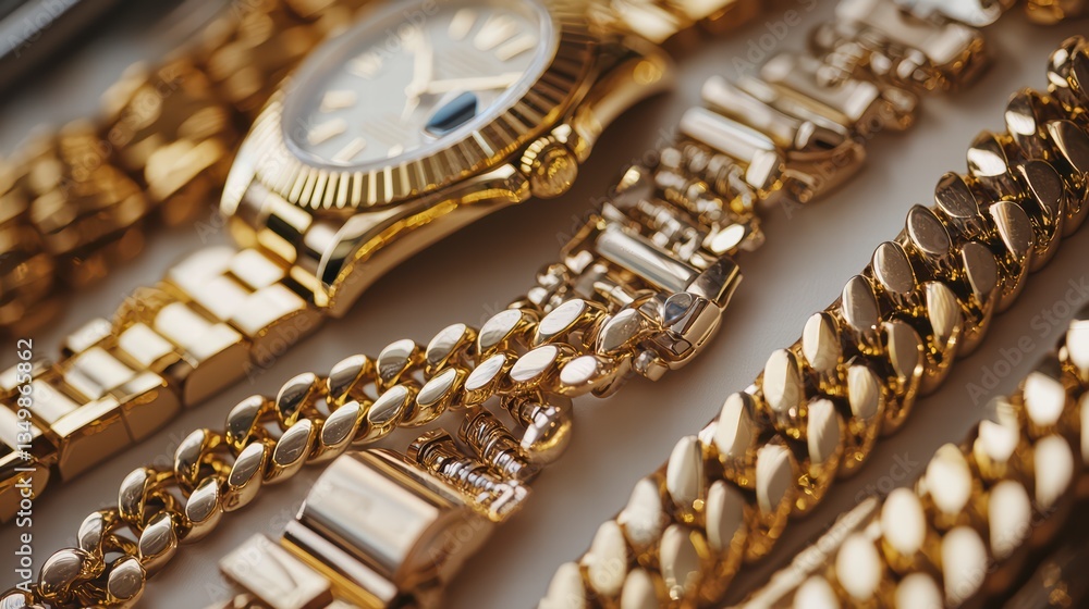 Timeless Elegance: Close-up capture of a collection of opulent gold wristwatches and watch straps, reflecting the enduring allure of luxury and precision craftsmanship. Timeless Elegance: Close-up capture of a collection of opulent gold wristwatches and watch straps, reflecting the enduring allure of luxury and precision craftsmanship.