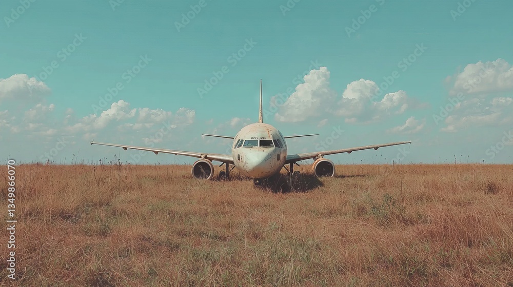 Abandoned Airplane Surrounded by Tall Grass Under a Clear Sky Abandoned Airplane Surrounded by Tall Grass Under a Clear Sky