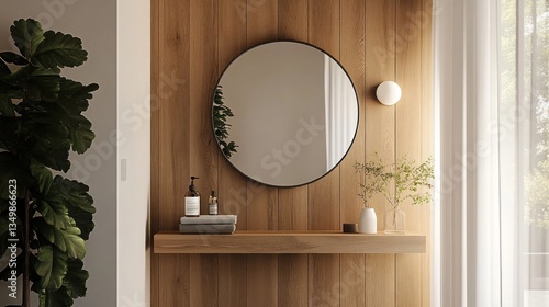 Modern vanity with round mirror and wood shelf