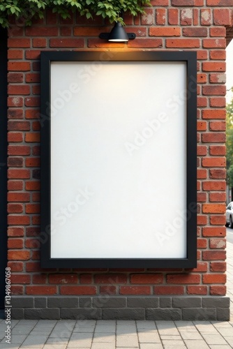 Brick wall with realistic outdoor poster mockup in city setting, brick wall, outdoors, urban landscape