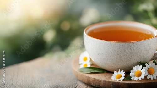 tea time scene, chamomile tea in a ceramic cup, set on a wooden table, with gentle morning light, creating a calming scene