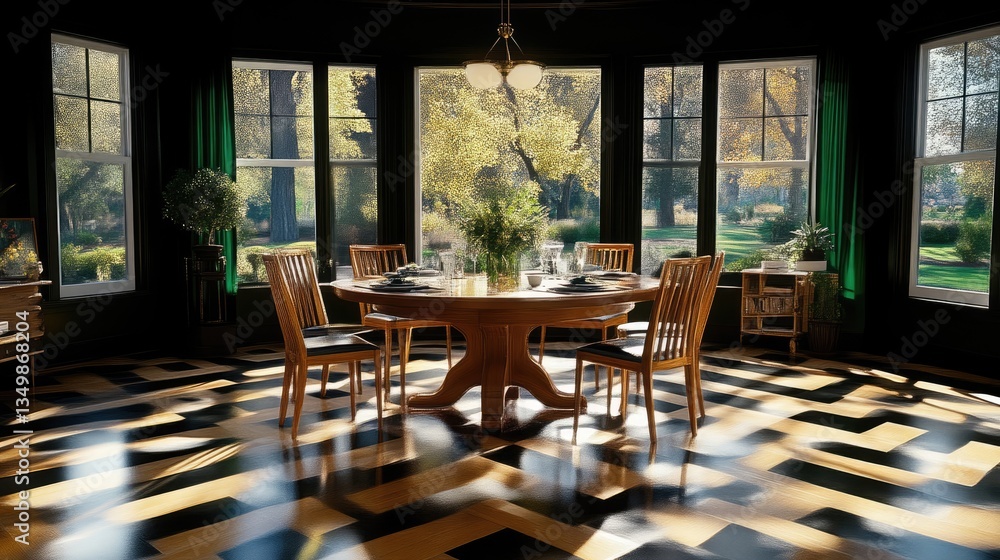 Obraz premium Cozy dining room with a view. Sunlight streams into a formal dining area, featuring a round table and chairs, and large windows overlooking a tranquil garden
