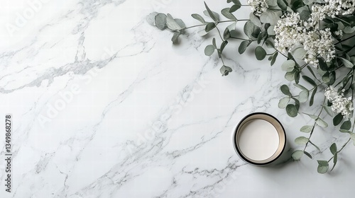 Minimalist marble backdrop: A minimalist arrangement features a marble backdrop, gracefully adorned with sprigs of fresh greenery, offering a refreshing composition.