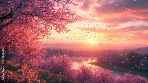 Pink cherry blossoms sunset river landscape, spring nature scene, idyllic background