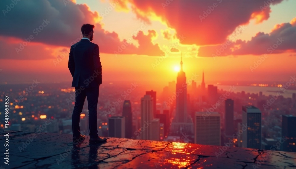 Fototapeta premium Businessman standing on futuristic cityscape at sunset, innovation, progress