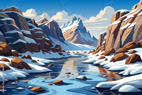 winter landscape with river with snowy mountains rocks and snow cartoon background