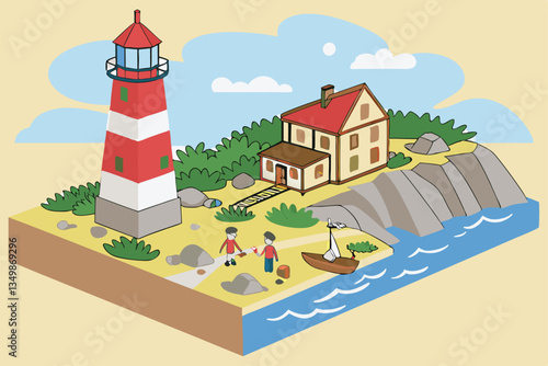 54 Miniature lighthouse diorama, tilt-shift photography, coastal scene, rocky shore, tiny people figures, warm sunlight, selective focus, red and white striped lighthouse, scale model, detailed miniat