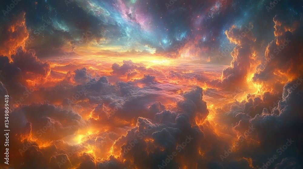 Fiery Sunset Above Cloudscape, Imaginary World Fiery Sunset Above Cloudscape, Imaginary World