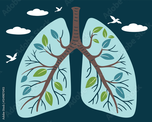 Healthy lungs illustrated with tree branches and green leaves symbolizing clean breathing. 