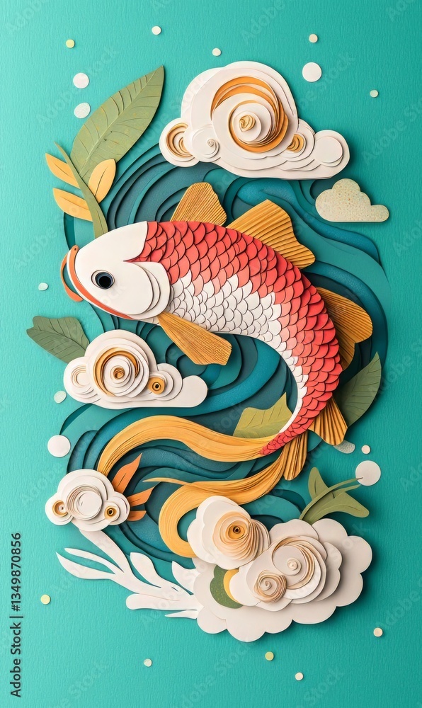 Colorful Paper Fish Design with Clouds and Leaves on Teal Background Colorful Paper Fish Design with Clouds and Leaves on Teal Background