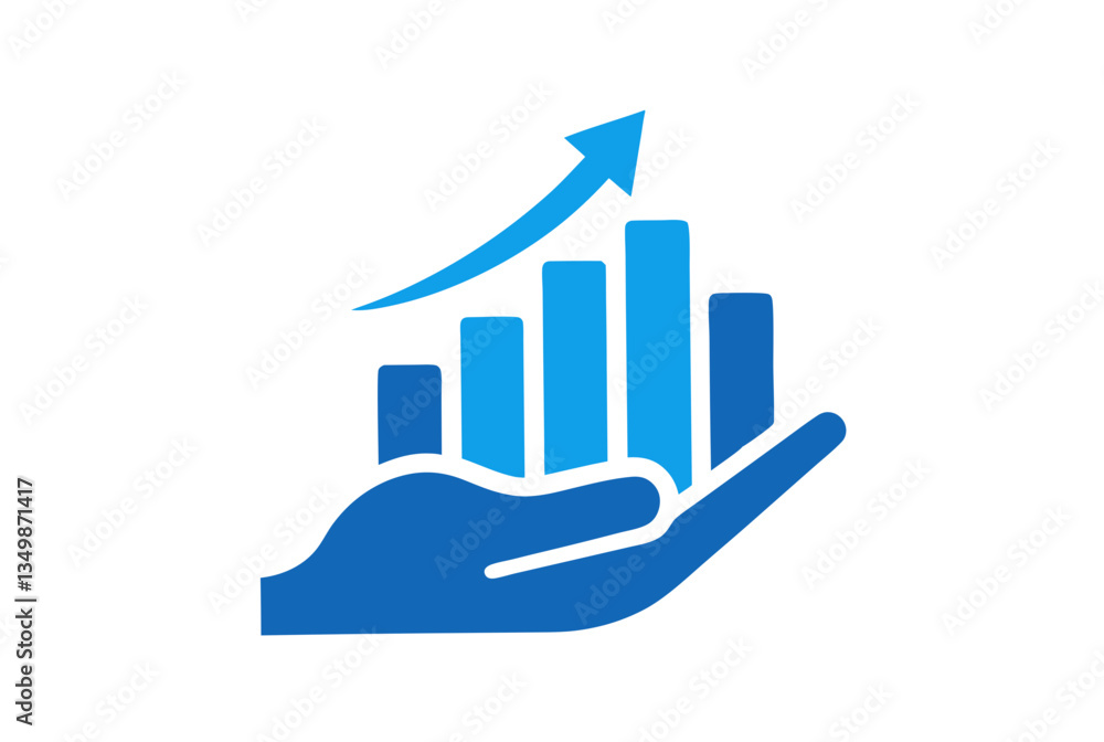 Fototapeta premium Modern financial growth icon with a hand holding an ascending bar chart and arrow, symbolizing investment, business success, and economic progress. vector illustration.