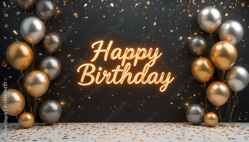 Naklejka premium Happy Birthday Celebration with Gold and Silver Balloons