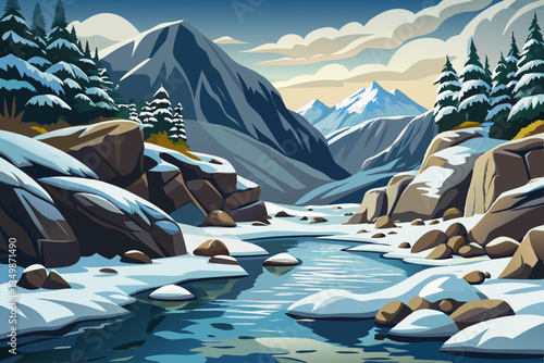 winter landscape with river with snowy mountains rocks and snow cartoon background