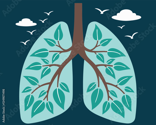Healthy lungs illustrated with tree branches and green leaves symbolizing clean breathing. 