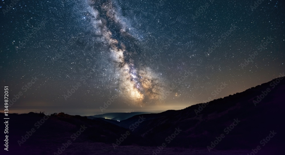 Fototapeta premium Stunning night sky with Milky Way galaxy visible over mountainous terrain