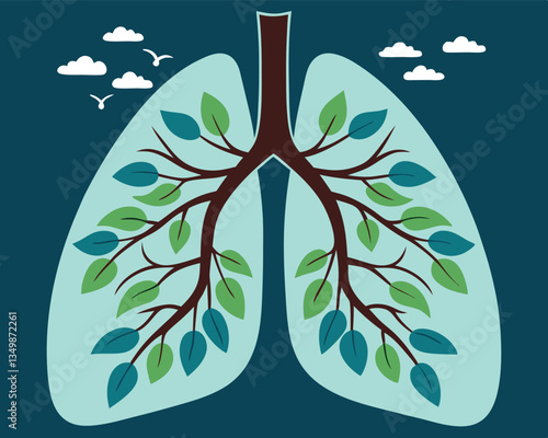 Healthy lungs illustrated with tree branches and green leaves symbolizing clean breathing. 