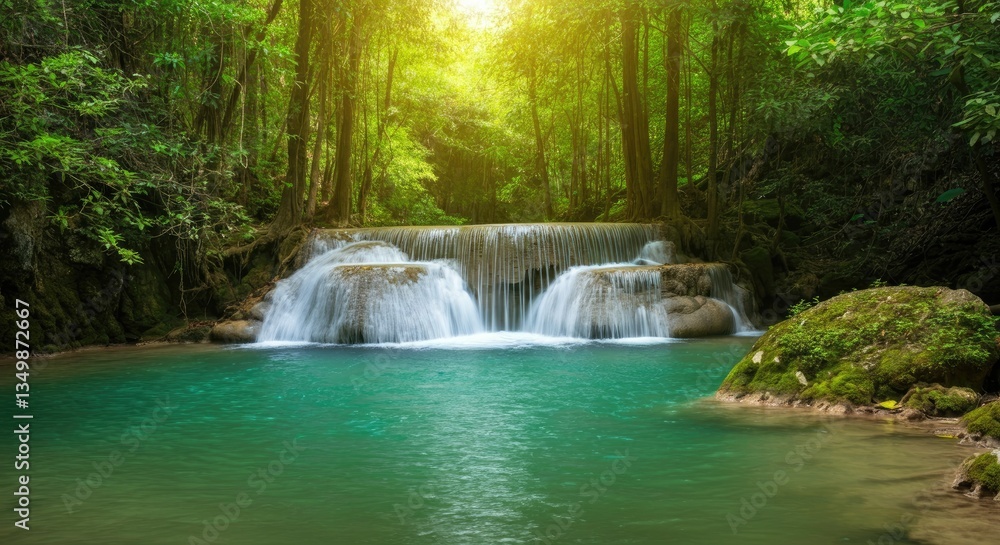 Tranquil waterfall in lush forest with serene pool below Tranquil waterfall in lush forest with serene pool below