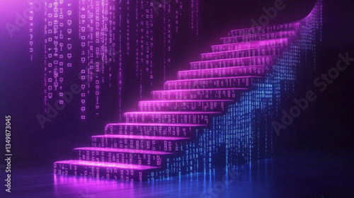 A digital staircase illuminated in purple and blue with binary code falling from above in a dark space