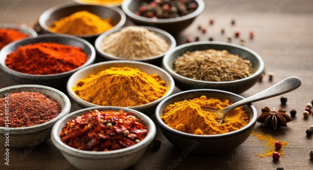 Variety of vibrant spices in bowls on wooden table Variety of vibrant spices in bowls on wooden table