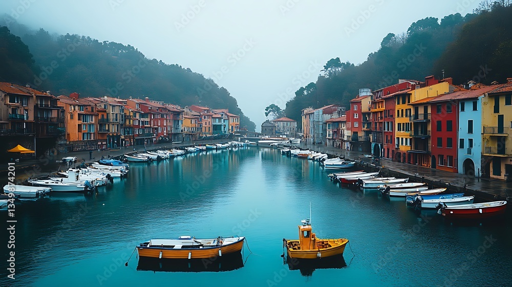 Fototapeta premium Bustling Fishing Village with Colorful Boats Docked Along the Harbor
