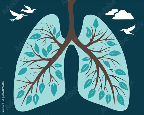Healthy lungs illustrated with tree branches and green leaves symbolizing clean breathing. 