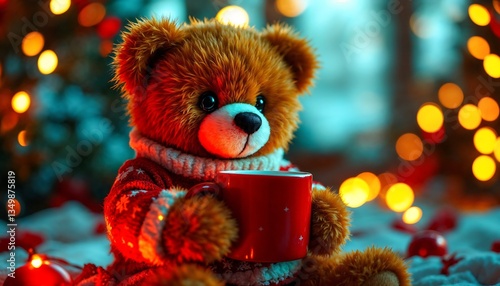 Wallpaper Mural Teddy Bear Enjoying Hot Cocoa by Christmas Tree Lights Torontodigital.ca