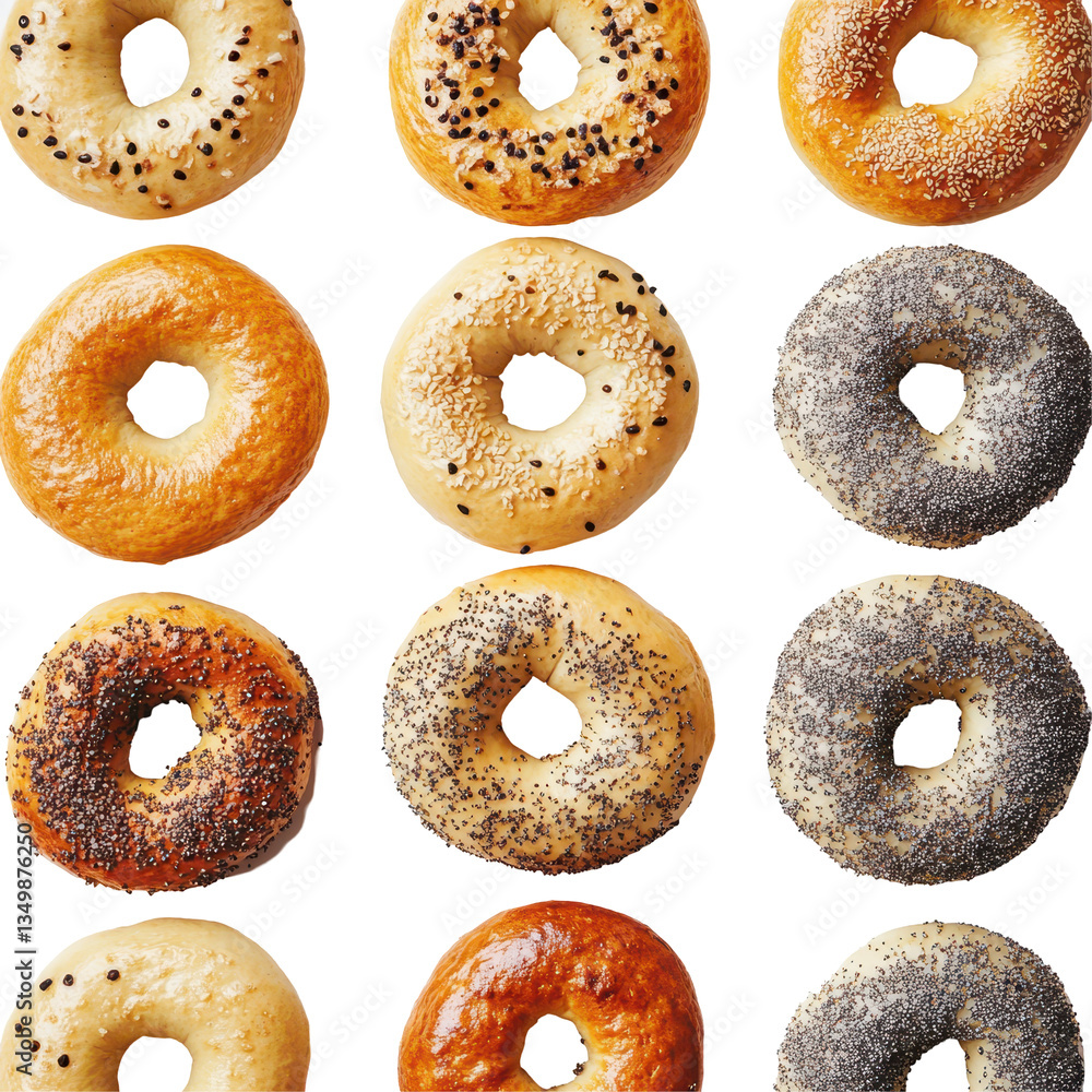 A variety of bagels arranged on a gray background, showcasing different shapes and textures. A variety of bagels arranged on a gray background, showcasing different shapes and textures.