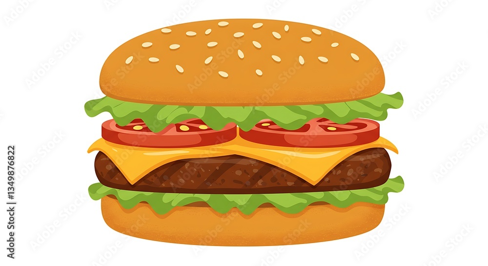 Delicious Cartoon Burger with Lettuce, Tomato and Cheese Illustration Delicious Cartoon Burger with Lettuce, Tomato and Cheese Illustration