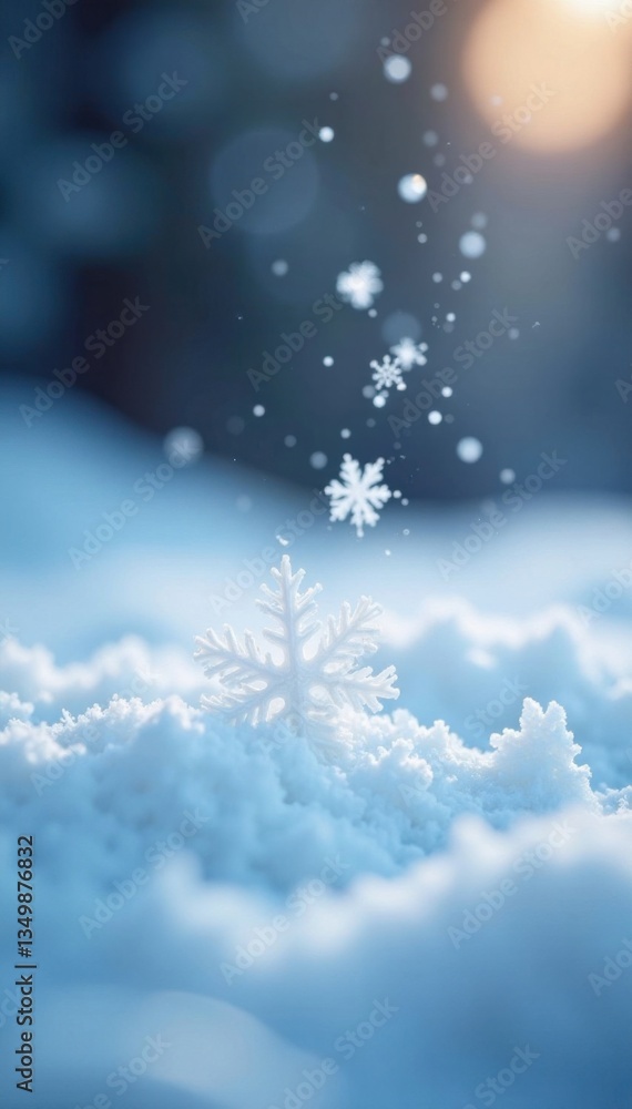 Close-up of snowflakes gently falling on a white surface, frosty, snowflakes, icy Close-up of snowflakes gently falling on a white surface, frosty, snowflakes, icy