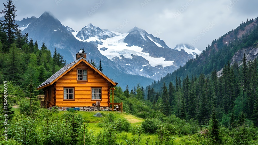 Charming Mountain Cabin Surrounded by Snow-Capped Peaks and Dense Green Forest Charming Mountain Cabin Surrounded by Snow-Capped Peaks and Dense Green Forest
