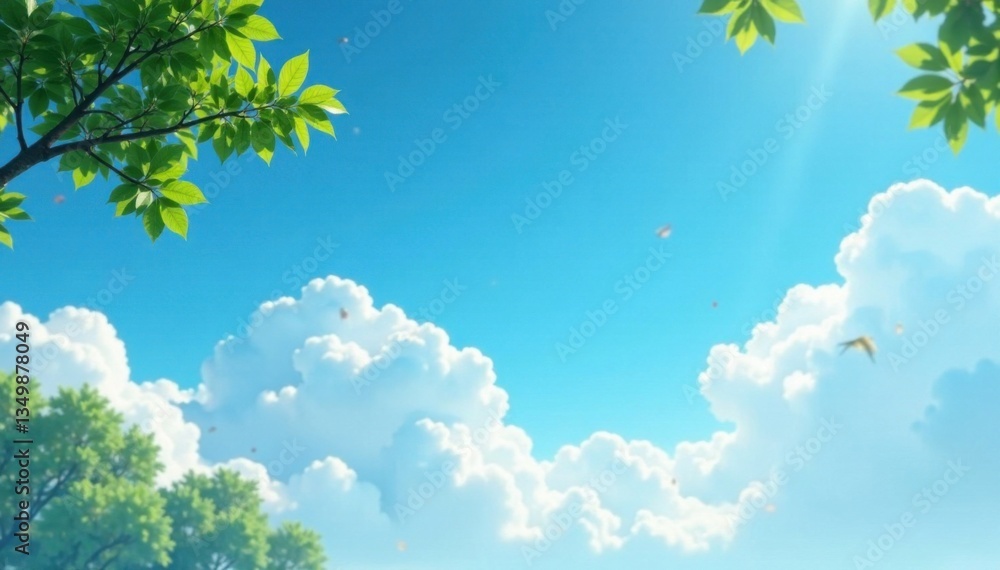 Clouds drifting across cerulean sky, gentle breeze stirs leaves , calm atmosphere , natural scenery Clouds drifting across cerulean sky, gentle breeze stirs leaves , calm atmosphere , natural scenery