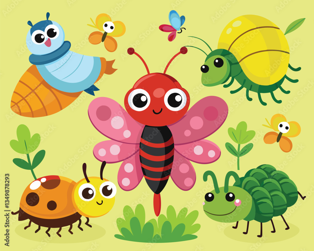 Cute Cartoon Insects Illustration. Adorable Bug Characters in a Garden Setting Cute Cartoon Insects Illustration. Adorable Bug Characters in a Garden Setting