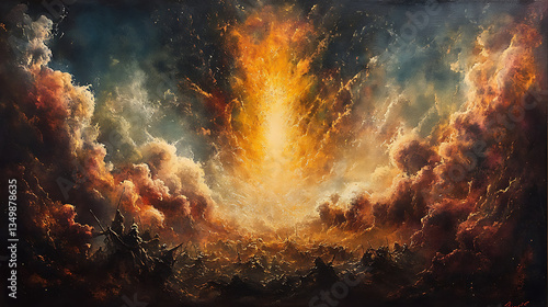 A celestial pillar of swirling clouds and roaring flames crackles with supernatural energy, separating the two armies, heavenly light piercing the night while darkness engulfs their enemies,