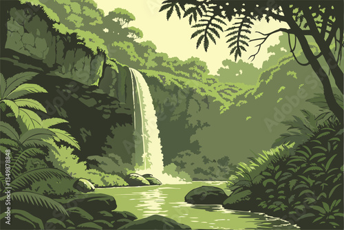 57 Lush tropical rainforest, cascading waterfall, serene pool, vibrant green foliage, dense jungle vegetation, ferns and palms, tranquil oasis, dappled sunlight, mist and spray, natural stone formatio