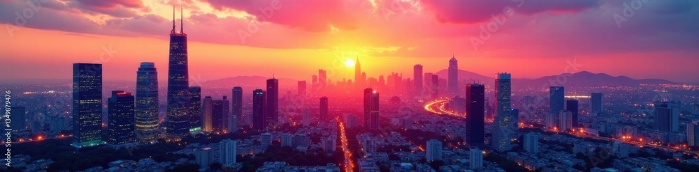 Fototapeta premium Colorful cityscape with towering skyscrapers at sunset, urban, cityscape