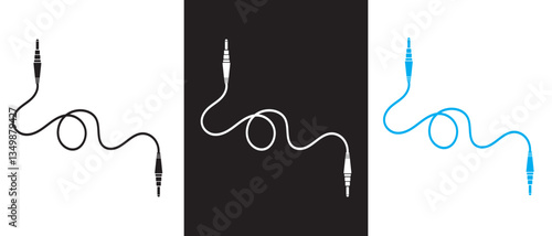 3.5 mm audio cable with jack socket icon set. AUX Male to Male plug audio cable.  3.5 mm stereo audio extension cable. Vector illustration.