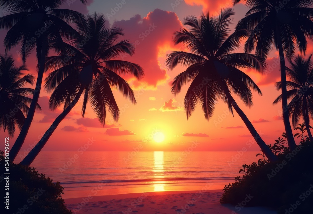 Obraz premium illuminated palm trees brilliant sunset backdrop tropical paradise silhouette, sky, clouds, landscape, evening, dusk, nature, beach, horizon, outdoors