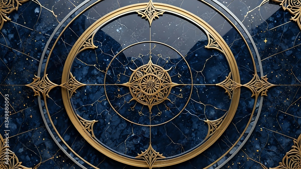 Naklejka premium A rich navy blue marble background with silver and gold veins, reflecting the beauty of Islamic geometric art and the night sky.