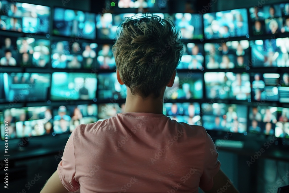 A young individual with short hair sits in front of numerous screens, absorbed in their environment, highlighting a tech-driven atmosphere. A young individual with short hair sits in front of numerous screens, absorbed in their environment, highlighting a tech-driven atmosphere.