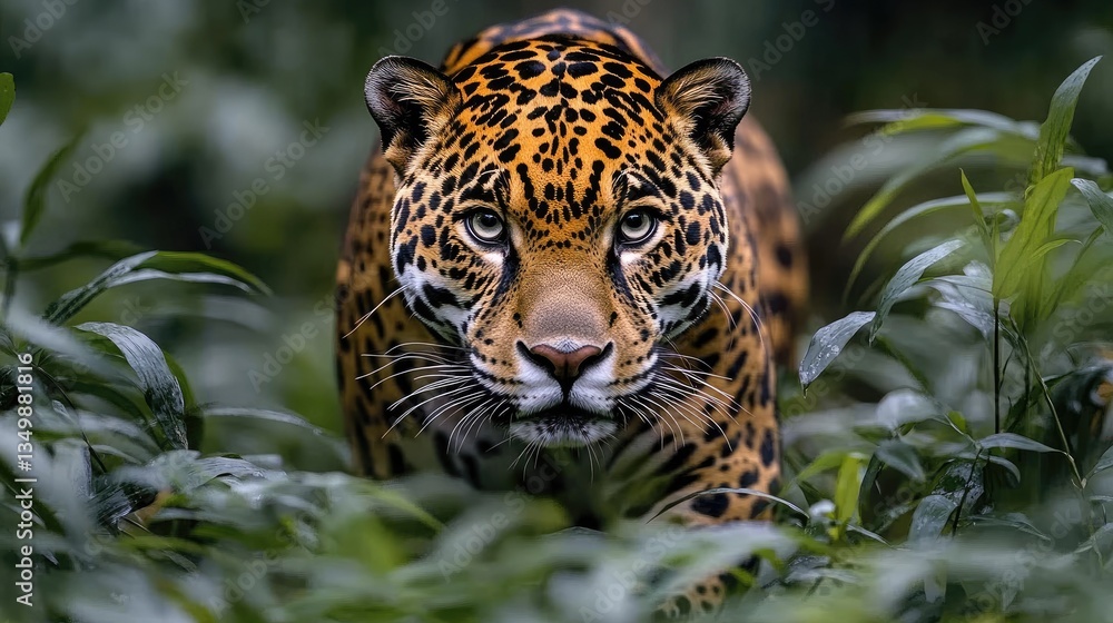 Obraz premium Jaguar stalking in tropical jungle; wildlife photography