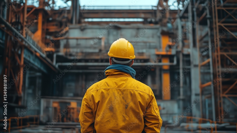 Man Wearing Hardhat Inspecting Industrial Factory Structure From Behind View Man Wearing Hardhat Inspecting Industrial Factory Structure From Behind View