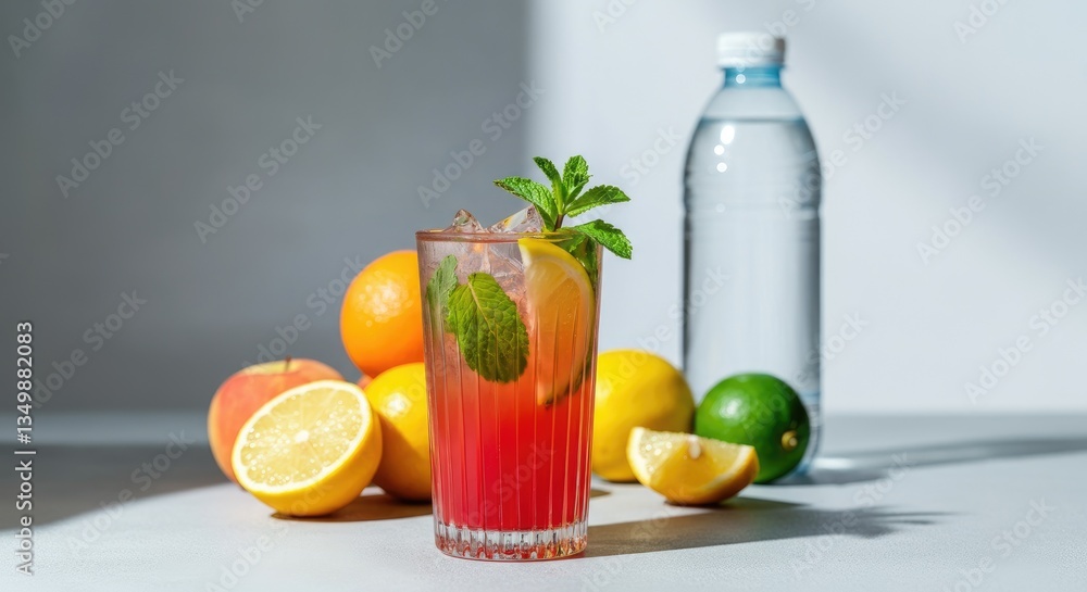 Refreshing summer drink with lemon, lime, mint, and bottled water Refreshing summer drink with lemon, lime, mint, and bottled water