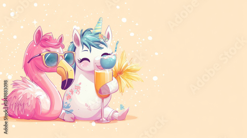 Quirky summer scene with unicorn and flamingo figures enjoying a refreshing cocktail against a colorful backdrop