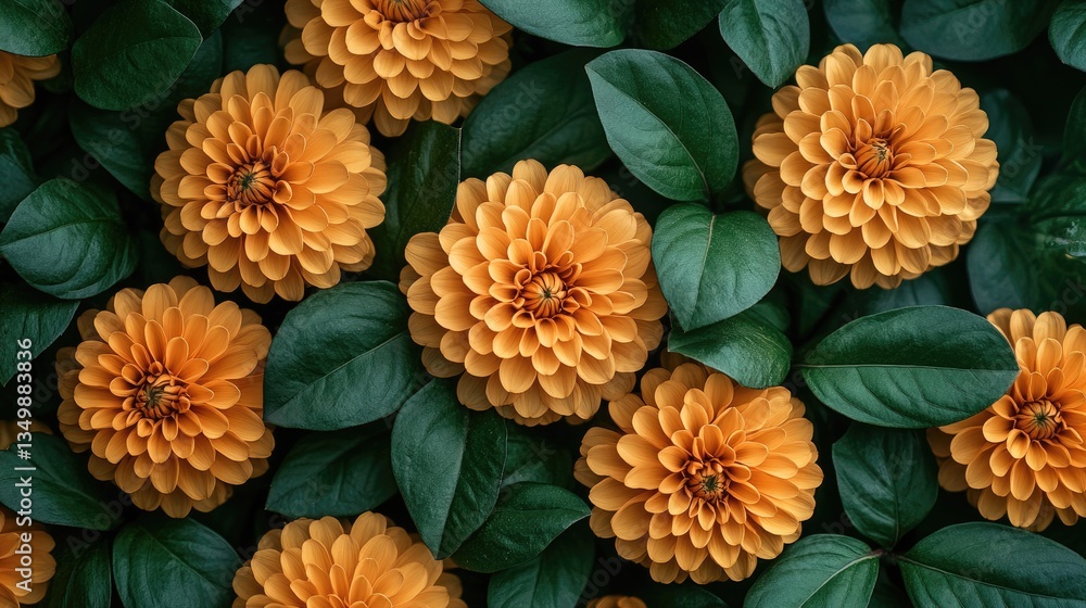 Naklejka premium Orange dahlias, green leaves, floral background, autumn, nature, design