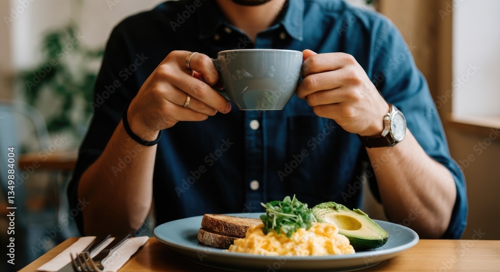 Man having breakfast with toast, scrambled eggs, and avocado while drinking coffee Man having breakfast with toast, scrambled eggs, and avocado while drinking coffee